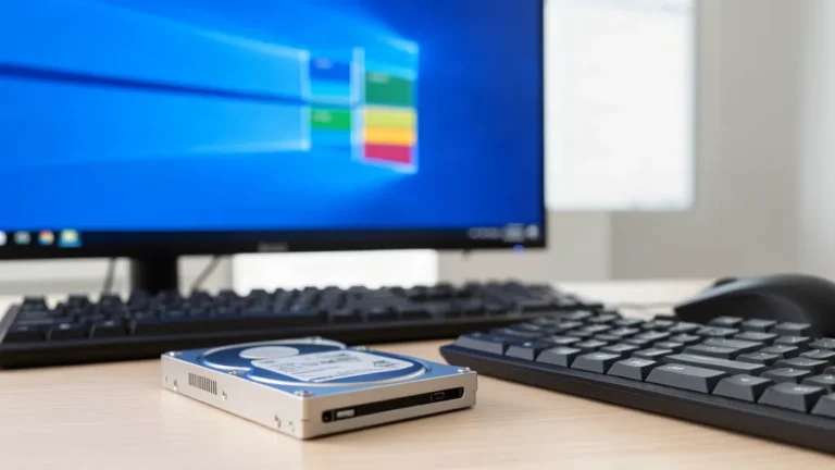 Disque dur interne posé devant un écran Windows affichant des partitions colorées