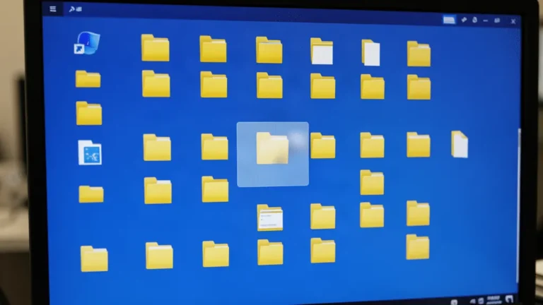 Écran d'ordinateur Windows affichant des icônes de dossiers jaunes, dont un dossier estompé