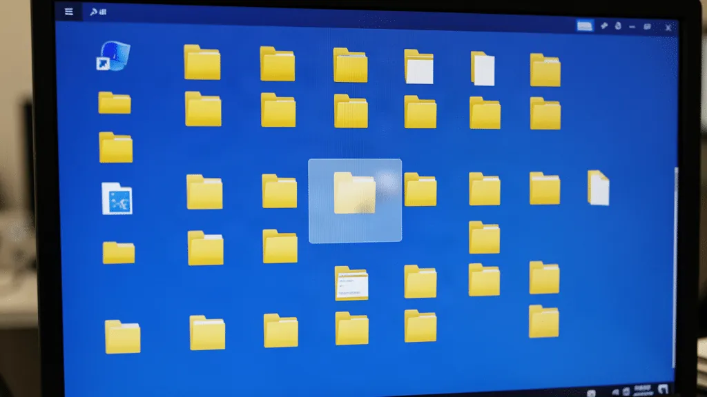 Écran d'ordinateur Windows affichant des icônes de dossiers jaunes, dont un dossier estompé