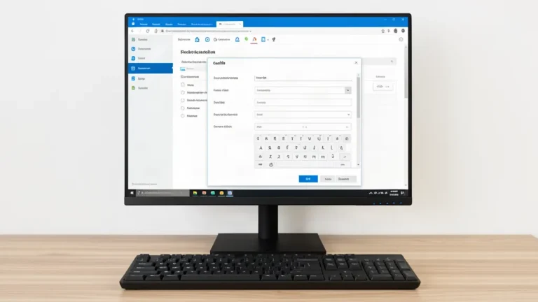 Moniteur de bureau affichant la fenêtre des paramètres d’un PC Windows 11, clavier de PC posé devant l’écran