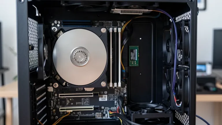 Intérieur d'une tour de PC de bureau avec un disque dur mécanique et un SSD
