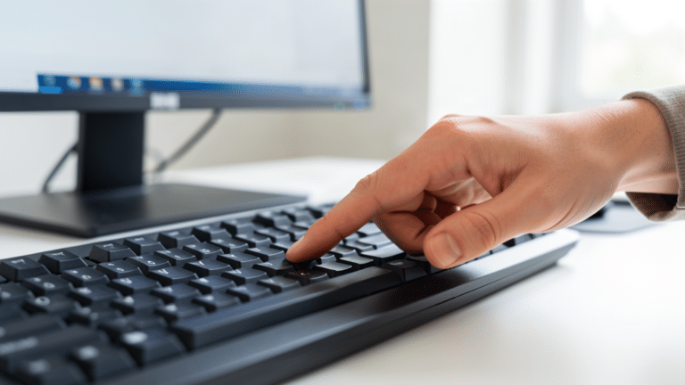 Doigt appuyant sur une touche d'un clavier de PC devant un écran d'ordinateur