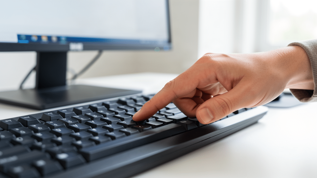 Doigt appuyant sur une touche d'un clavier de PC devant un écran d'ordinateur