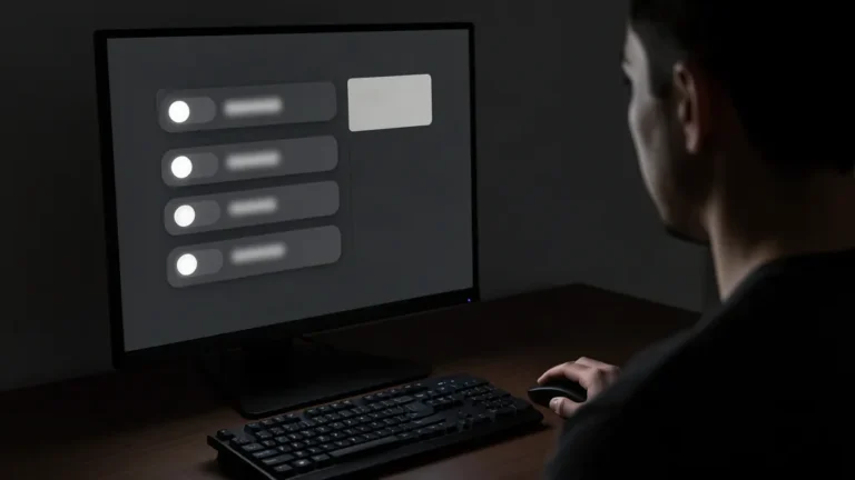 Personne devant un PC Windows dans une pièce sombre, écran affichant un panneau de réglages en mode sombre avec des interrupteurs, clavier PC et souris au premier plan