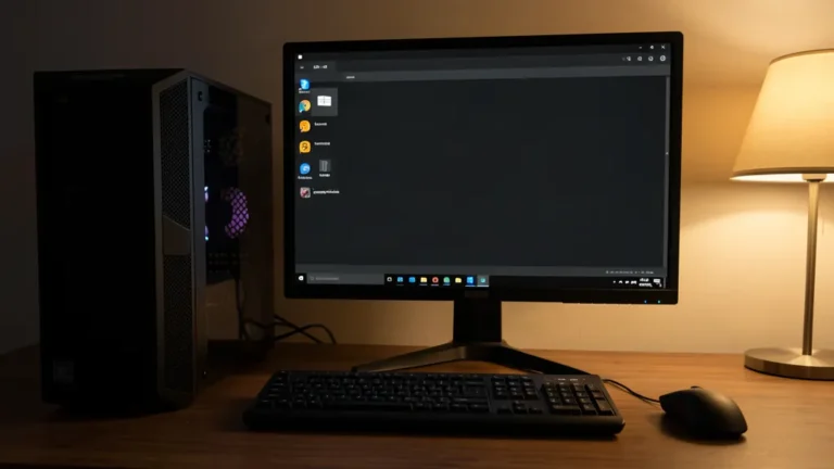 PC de bureau Windows avec tour et écran affichant un bureau en thème sombre, clavier PC noir et souris posés devant, lampe allumée sur le côté