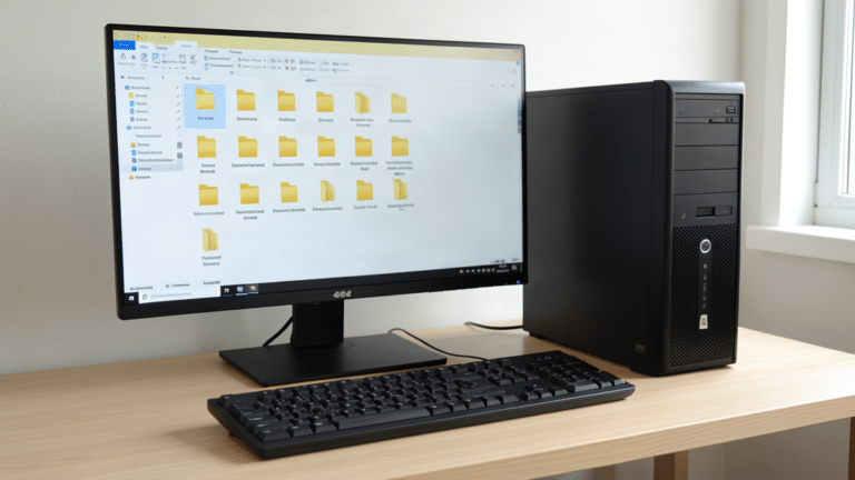 PC de bureau Windows avec sa tour noire, un moniteur affichant une fenêtre de fichiers et un clavier noir devant