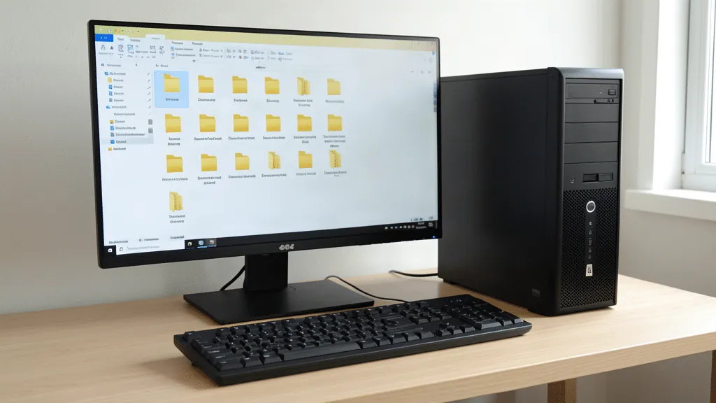 PC de bureau Windows avec sa tour noire, un moniteur affichant une fenêtre de fichiers et un clavier de PC