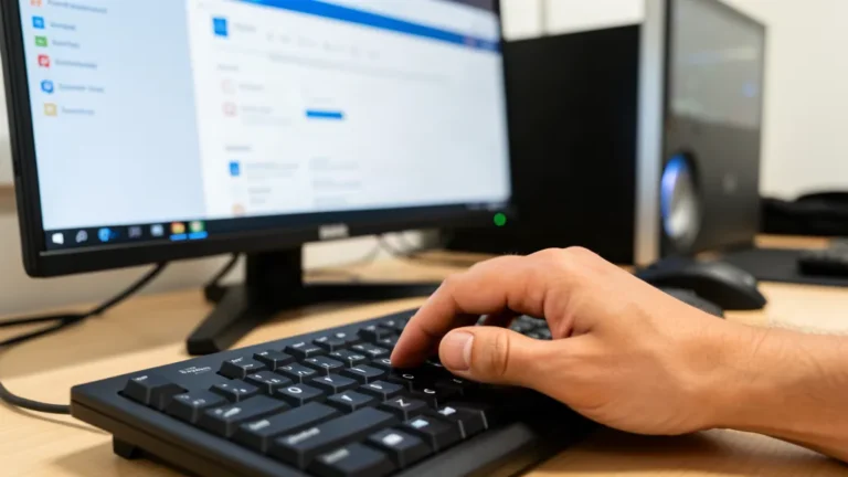 Main qui tape sur un clavier de PC Windows devant un écran de réglages