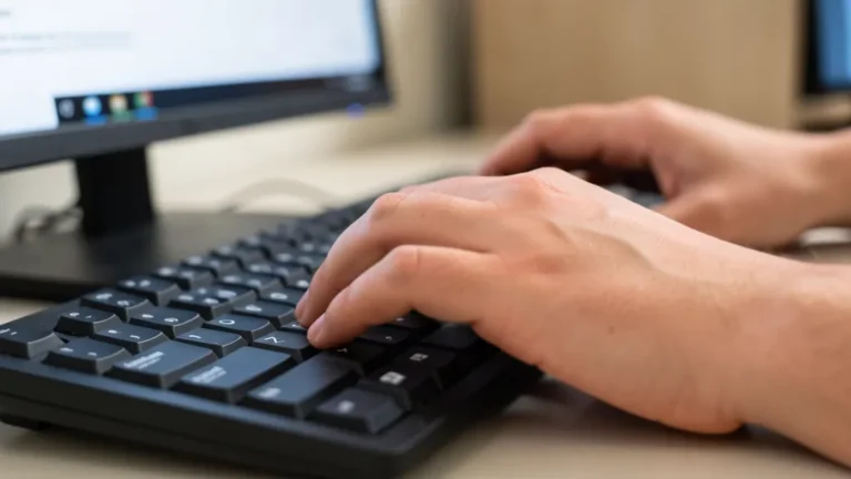 Personne tapant sur un clavier de PC Windows de bureau devant un écran allumé