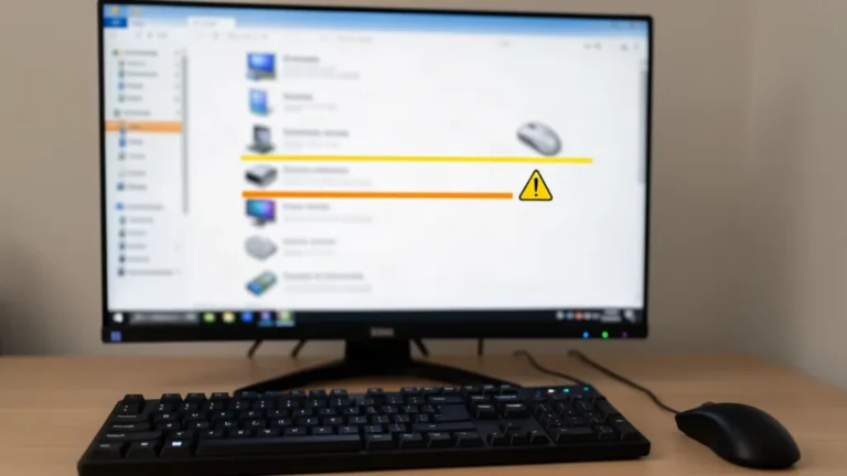Écran de PC Windows affichant une liste de périphériques avec un point d'exclamation jaune à côté d'une souris, clavier PC au premier plan