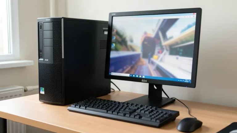PC de bureau Windows sur un bureau en bois, avec sa tour, son moniteur, son clavier noir et sa souris