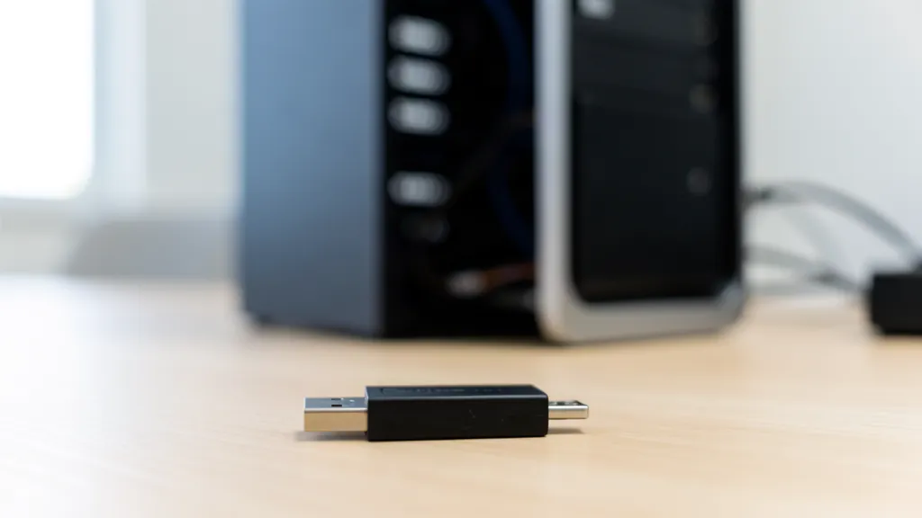Clé USB noire sur un bureau clair devant la tour d'un PC de bureau Windows, prête à recevoir un support d'installation