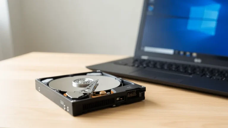 Disque dur mécanique ouvert posé sur un bureau, plateau et bras de lecture visibles, devant un ordinateur portable PC Windows