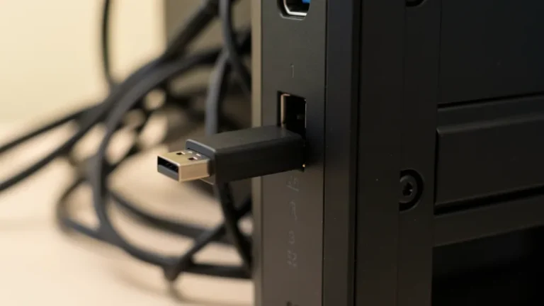 Clé USB noire branchée sur un port USB bleu en façade d'une tour PC Windows