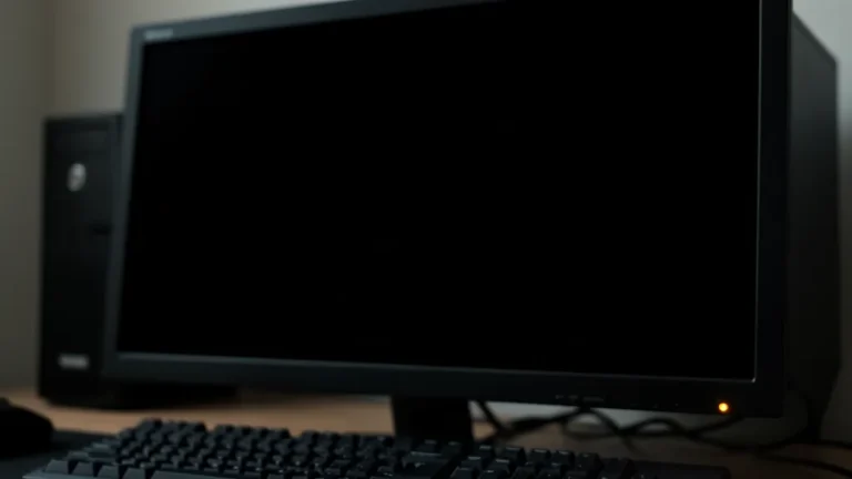 Moniteur de PC de bureau éteint, écran noir, avec sa petite diode de veille allumée en ambre sur le coin inférieur droit