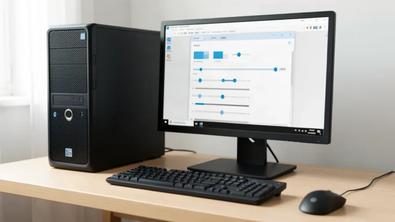 Poste de travail PC Windows de bureau avec sa tour, un moniteur affichant une fenêtre de réglages stylisée et un clavier PC